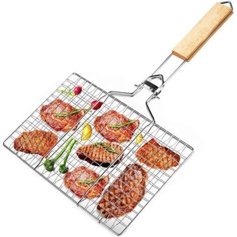Barbecue grill, filet de barbecue, panier de barbecue, panier à poisson pour barbecue, grille de barbecue, panier à outils, barbecue grill avec manche en bois, pour poisson, légumes, crevettes, viande (1/5)