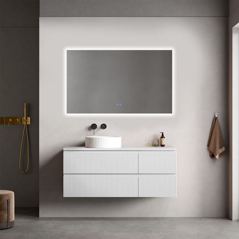 Mobile bagno sospeso cannettato reversibile 120 cm Bianco Opaco per Lavabo d'appoggio Specchio Quadro Retroilluminato - Fiji Paint Top Canneté (1/4)