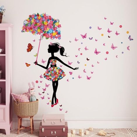 Flower Fairy Wall Stickers, Butterfly Girl Wall Stickers, Girl with Umbrella, Wall Stickers for Baby Room, Children's Room, Home Wall Decoration MUMU (1/4)