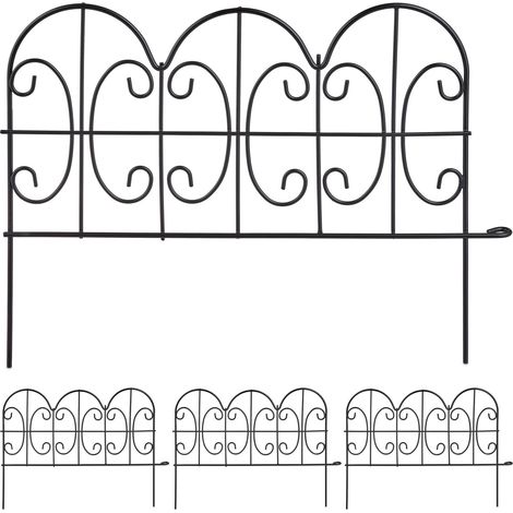 Relaxdays Valla Jardín de Encaje, 4 Paneles Valla, 28,5x39 cm, Valla Metálica Exterior, Verja para Jardín Vintage, Negro