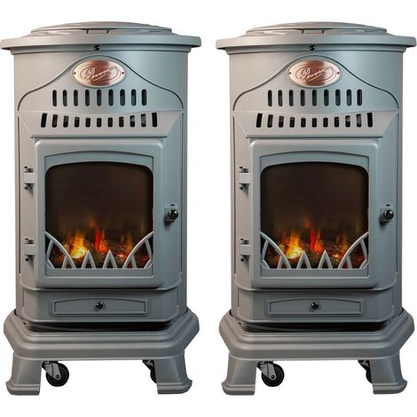 Pack de 2 poêles à gaz Provence gris 3,4 kW en Fonte Effet feu de bois Chauffage d'appoint sur roulettes Sahara (1/5)