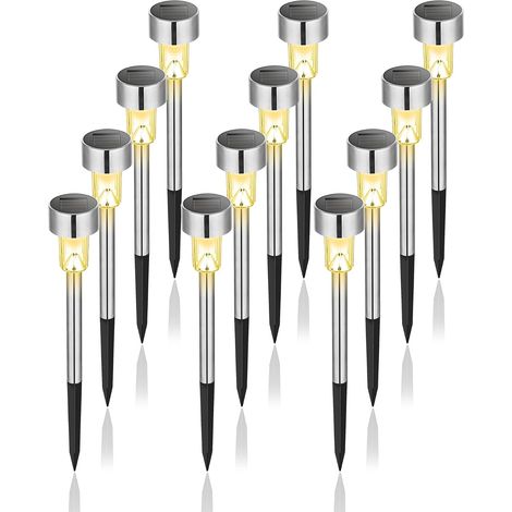Juego de 12 luces solares de exterior para jardín, ideales para patios y jardines, con clasificación IP65, fabricadas en acero inoxidable y con luz cálida. (1/4)