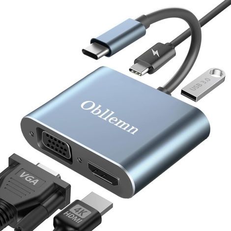 Adaptateur USB C vers VGA, 4 en 1 Hub De Type C vers VGA HDMI 4K @ 30 Hz HDMI/VGA/USB 3.0/PD100w Adaptateur de hub multiport de Charge, pour MacBook/MacBook Pro/Air, Chromebook, Dell XPS15, Galaxy (1/5)
