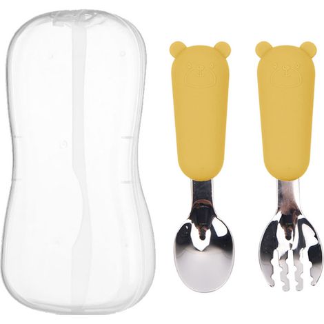 2 pièces Couverts pour enfants, cuillère et fourchette, manche court en acier inoxydable 316, tête en silicone alimentaire, pour bébés et tout-petits (1/5)
