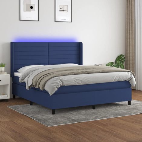 Cama box spring colchón y luces LED tela azul 160x200 cm (1/5)
