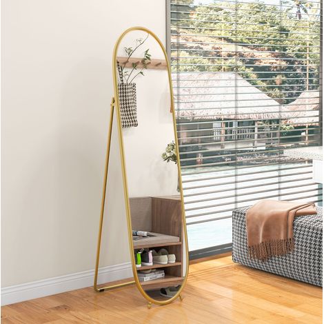 Miroir sur pied ovale 160 x 40 cm avec support, cadre en métal, doré DESVIAE (1/5)