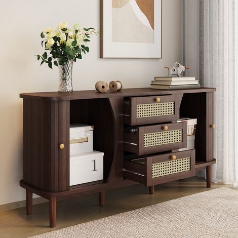 Buffet 140,5x40x76cm, meuble en rotin avec tiroirs et portes coulissantes, armoire, couleur noyer (1/5)