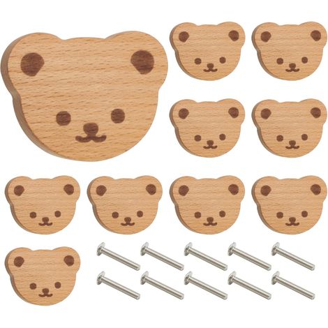 Juego de 10 pomos de madera para cajones con diseños de animales para habitaciones infantiles y cómodas. (1/5)