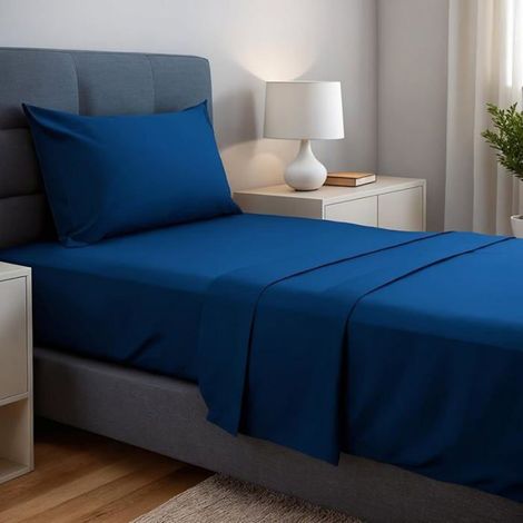 Ensemb de Draps 3 Pièces 90x190/200, draps de lit en Microfibre de Polyester brossée. Drap Plat, Bu Marine (1/4)