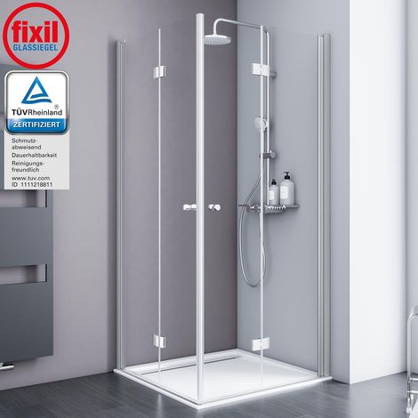 Duschkabine Alexa Style 2.0 Drehfalttür als Eckeinstieg von Schulte, 5 mm Sicherheitsglas (ESG) Klar hell inkl. fixil Beschichtung, Profilfarbe: Alu Natur, 90 x 90 x 192 cm