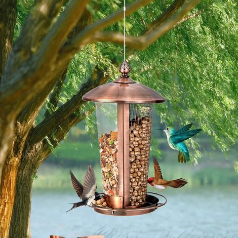 2 en 1 Mangeoire à Oiseaux Suspension en Métal Capacité 1L Mangeoire pour Oiseaux Sauvages Extérieure avec Trous de Drainage CW5875 Maison Chic (1/5)