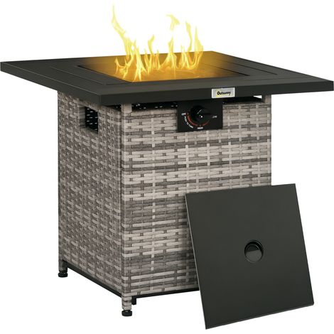Outsunny Outdoor PE Rattan Gas Fire Pit Table, Patio Square Propane Heater with Rain Cover, Mesh Lid and Lava Stone, 40,000 BTU, Mixed Grey