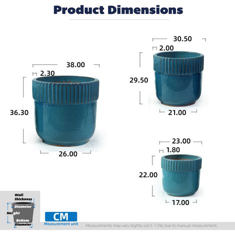Set de 3 jardinières artisanales en céramique (Ø 38/30,5/23 cm), bleu turquoise éclatant, rebords cannelés, poreuses, anti-gel avec évacuation d'eau, pour terrasse et extérieur. (1/5)
