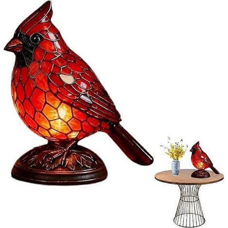 Lampe oiseau en vitrail de style cardinal, idéale pour décorer une chambre ou un bureau. (1/4)
