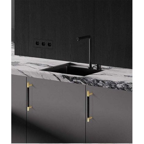 Set of 2 black and gold aluminum alloy kitchen cabinet handles, 128 mm hole spacing, with screws, suitable for office drawers (1/4)