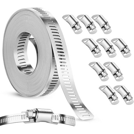 Collier de Serrage Inox 304, 5M Collier de Serrage Métallique avec 12 Pcs Fixation Réglable Colliers Serrages Inox Métallique pour Tuyaux Gaz Eau Voiture Machine à Laver Câble Robinet (3M+10) (1/5)
