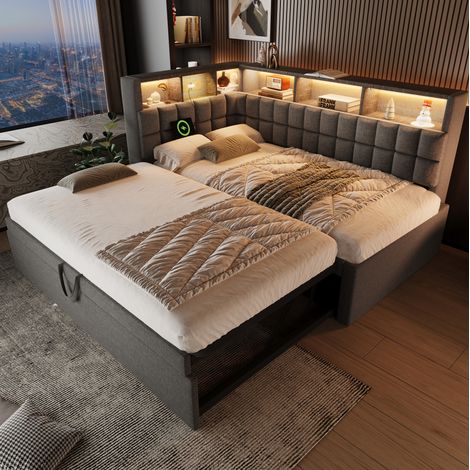 MEUBLIV Letto 90x200 cm grigio – con letto estraibile e LED, senza materasso (1/5)