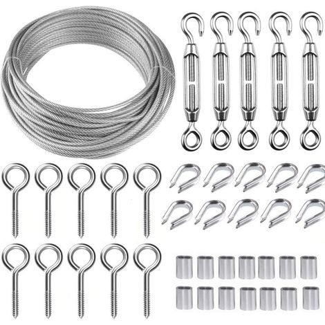 Corde en acier inoxydable 30M – Kit avec 5 tendeurs et 10 crochets – Câble de 2mm revêtu PVC – Résistant à l'abrasion et à la corrosion (1/5)