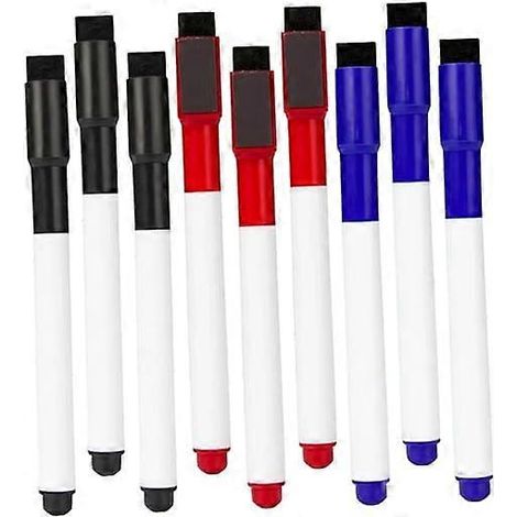 Lot de 9 marqueurs effaçables à sec, effaceur noir, marqueurs magnétiques, marqueurs pour tableau blanc, effaceur blanc, petites gommes (1/5)