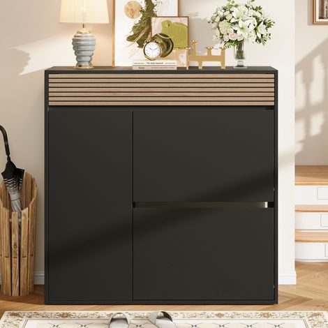 Mueble zapatero 100 x 35 x 105 cm con 2 abatibles, MDF y aglomerado, negro HAVRYA (1/5)