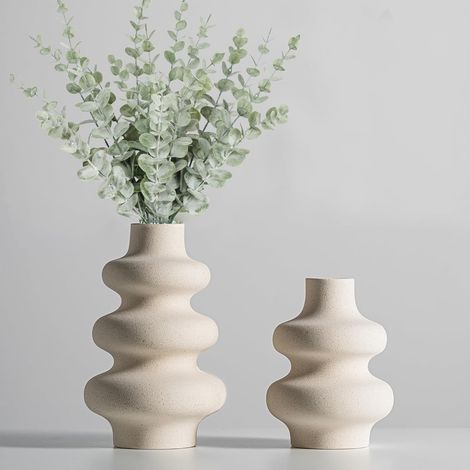 Vase en céramique mate mouchetée à la forme irrégulière et ondulée – Vase minimaliste et créatif « style Instagram » – Décoration de table pour chambre d'amis – Lot de 2 (grand + petit) (1/5)