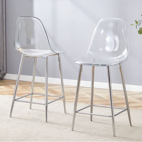 Tabouret de bar en plastique transparent avec structure en métal argenté, design moderne avec repose-pieds (1/5)