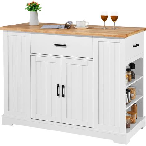 Mophorn Carrello da Cucina, Tavolo da Colazione in Legno da 46" con Mobiletto Portaoggetti, Tavolo da Cucina Stile Fattoria con Ripiano Regolabile, Cassetto, per Sala da Pranzo, Soggiorno, Bianco (1/5)
