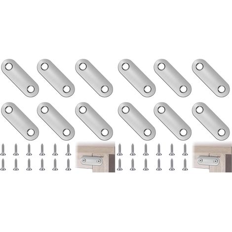 Lot de 12 connecteurs plats en acier inoxydable, plaques perforées 36 × 16 mm, plaque de connexion en métal avec vis, pour meubles, étagères, connecteurs plats réglables pour réparations de meubles