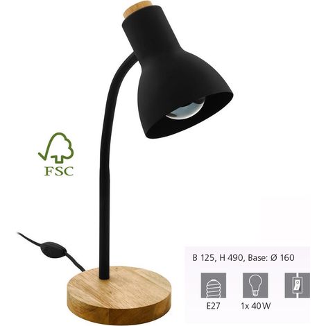Eglo lampada da tavolo Veradal, illuminazione da tavolo a luce singola, luce da tavolo in metallo, materiale artificiale nero, legno marrone, con interruttore, presa E27 (1/5)