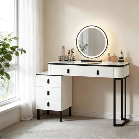 Toeletta 100x40x125 cm nero e bianco in legno massello, metallo e vetro con specchio LED dimmerabile e 5 cassetti (1/5)