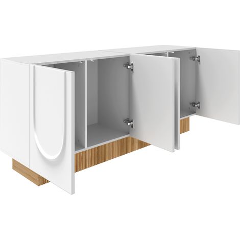 Aparador moderno de 4 puertas 160 x 38 x 75 cm en aglomerado blanco y madera (1/5)