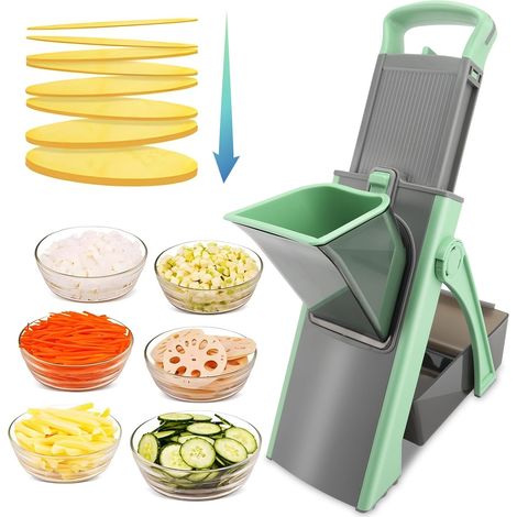 Coupe-légumes manuel multifonction avec épaisseur réglable : déchiqueter, trancher, effilocher, couper en dés (vert) (1/5)