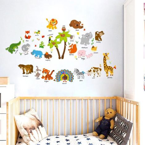 Stickers muraux alphabet animaux de dessin animé, décoration de fond à coller (1/4)