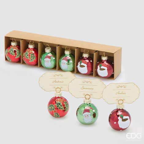 EDG Enzo De Gasperi Addobbo Segnaposto Palla Babbo Natale Vetro Ass. D 4 Cm Cf 6 Pz  Verde Rosso