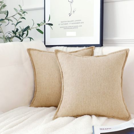 Lot de 2 housses de coussin en lin neutre - 45 x 45 cm - Beige - Housse de coussin décorative rustique - Style bohème - Décoration d'intérieur - Pour salon, canapé, voiture (1/5)