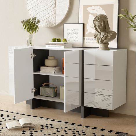 Sideboard aus MDF und Spanplatte, weiß Hochglanz mit schwarzen Akzenten, 150 x 40 x 80,5 cm, 2 Türen, 4 Schubladen (1/5)