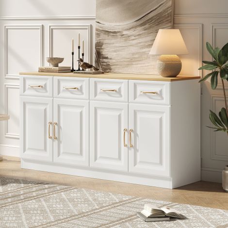 Buffet blanc 140 cm avec 4 tiroirs et 4 portes, meuble de rangement, pour cuisine, salle à manger et salon, 140x40x75 cm (1/5)