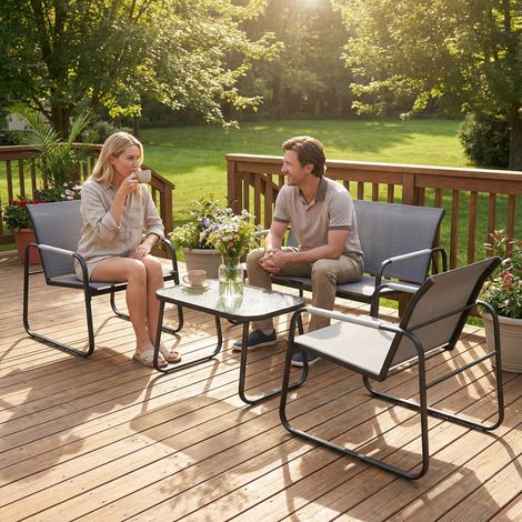 Canapé 2 places + 2 fauteuils + table basse gris métal, set jardin 4 pièces (1/3)
