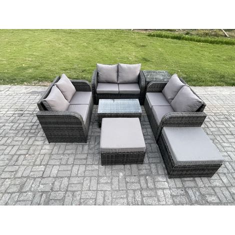 Fimous Salon de jardin 8 places Ensemble de canapés en rotin avec Canapé d'amour Table basse Table d'appoint 2 Grand tabourets Gris foncé mixte (1/5)