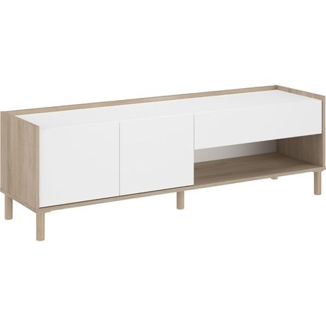 Meuble TV 2 portes 1 niche et 1 tiroir blanc et aspect bois clair - ORPHÉE (1/5)