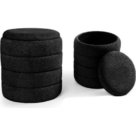 Set 2 schwarze teddy poufs mit Stauraum Ø43x45 und Ø35x40