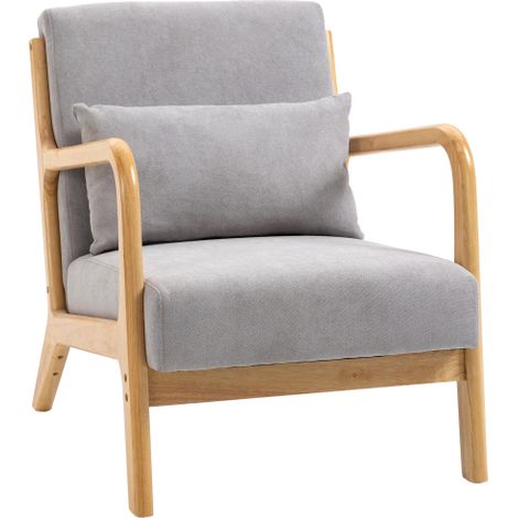 Fauteuil lounge avec accoudoirs, coussin lombaire et structure en bois, en polyester, gris (1/5)