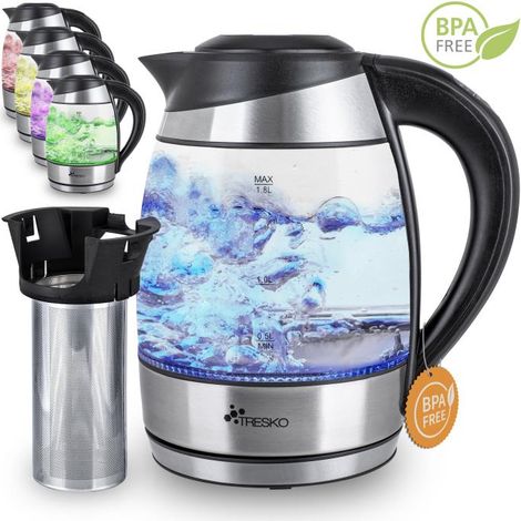 TRESKO Bouilloire électrique en cristal 1.8 L avec infuseur à thé et filtre à eau Illumination LED Certification TÜV-Rheinland 2200W Température réglable Fonction de Maintien au Chaud