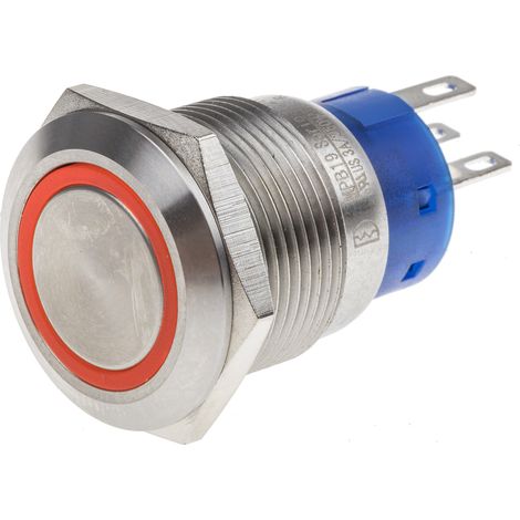 Bouton-poussoir, Verrouillable lumineux, LED Rouge, Unipolaire à deux directions (1RT), 5 A, Argent, Montage panneau 24V ( Prix pour 1 ) (1/2)