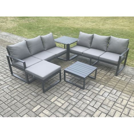 Fimous Aluminium 5 Pieces Garden Furniture Sofa Set with Cushions 7 Seater Outdoor Patio Set with Square Coffee Table Big Footstool Side Table Dark Grey (1/5)