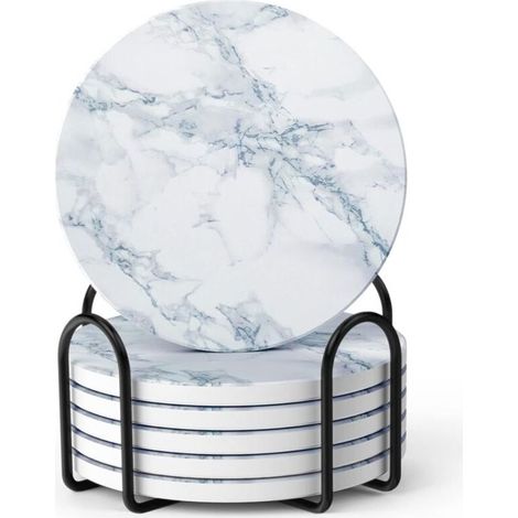 Dessous de verre, lot de 6 sous-verres en cristal, absorbants, avec base en liège et support, effet marbre blanc. Décoration idéale pour la maison, bars, cafés, fêtes, bureaux, ou comme cadeau pour ma (1/5)
