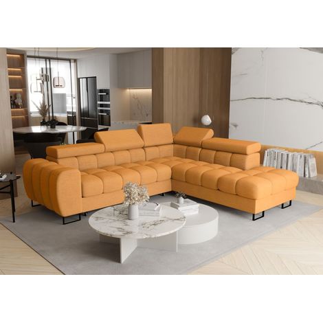 Ecksofa Schlafsofa BASTIEN MAX in Stoff Moly Senfgelb Ottomane Rechts