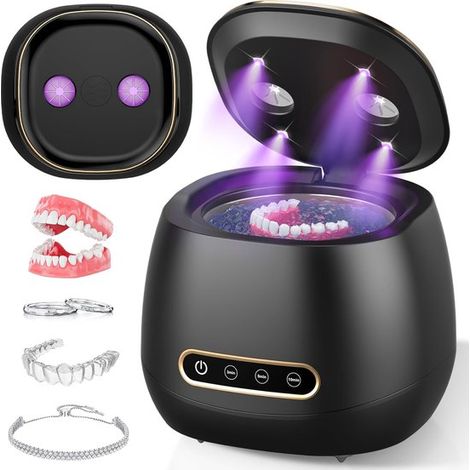 Limpiador ultrasónico，Limpiador de aparatos de ortodoncia recargable，45 kHz，Para prótesis dentales，3 modos de limpieza，Capacidad de 200 ml，Negro (1/5)