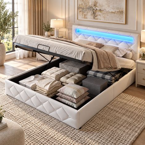Lit double capitonné 160×200 cm,espace de rangement hydraulique,lit coffre,lumière LED,hauteur de tête de lit réglable,cadre de lit 160×200,sommier à lattes,lit adulte,lit ados,Velours,Beige (1/5)
