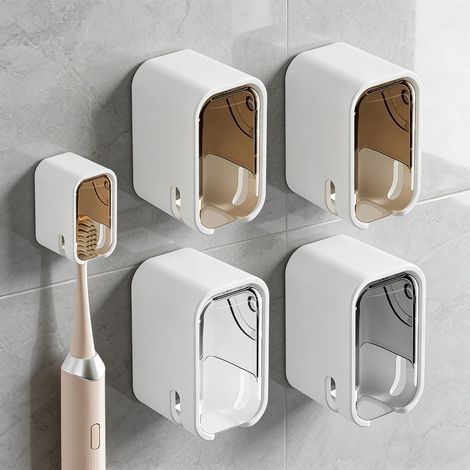 Lot de 4 Porte-brosses à Dents, Support Mural Acrylique, Couvercle Anti-poussière, Ventouses Sans Perçage, Salle de Bain (1/5)